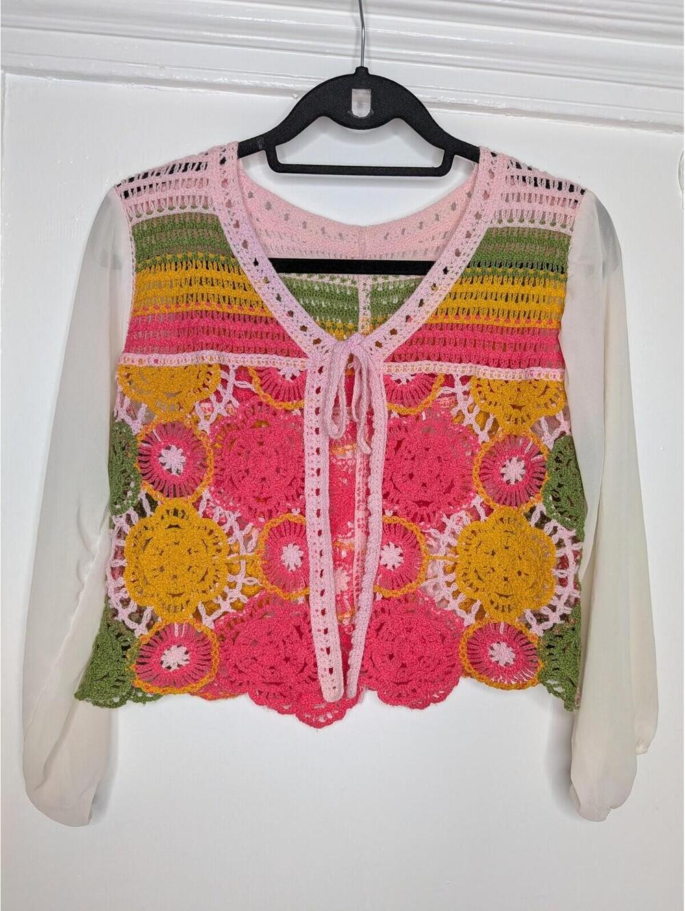 Boho Floral Crochet Cardigan Sheer Sleeves Granny Square Festival 70s Hippie S
